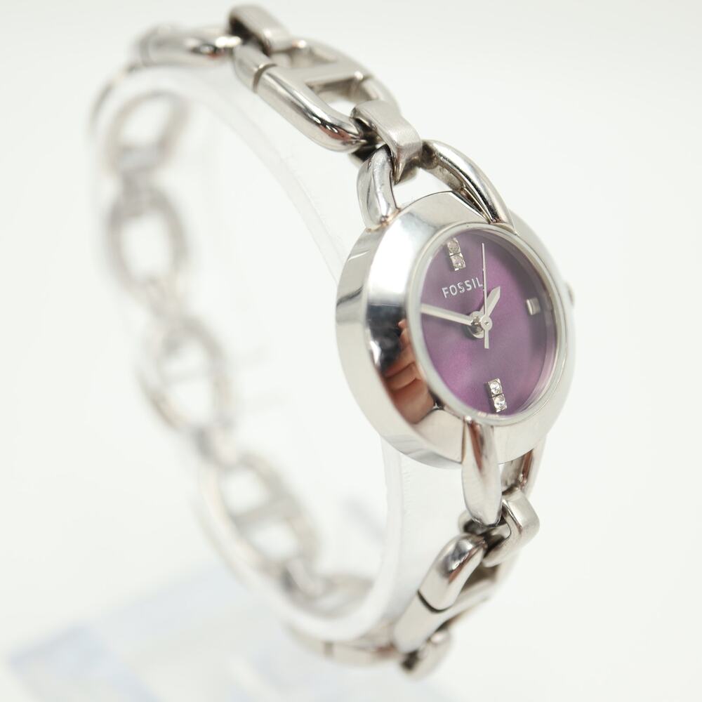 Fossil Womens Silver Tone 23mm Purple Round Watch Bracelet ES2428 w New Battery - Picture 7 of 12